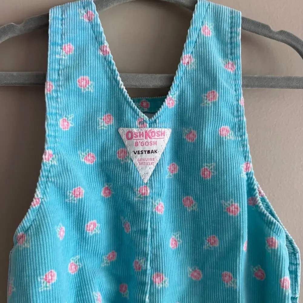 Vintage OshKosh B'Gosh Blue Corduroy Pink Flower Baby Overalls 6-9 Months - READ